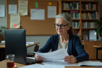 Enseignante expérimentée consultant l'interface Scolinfo sur son ordinateur portable dans la salle des professeurs