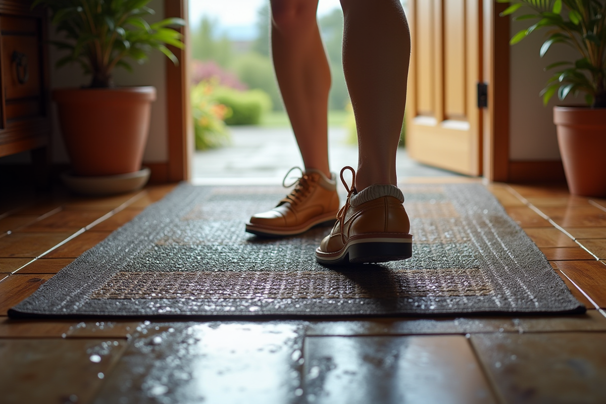 Entrée avec chaussures mouillées sur tapis antidérapant naturel