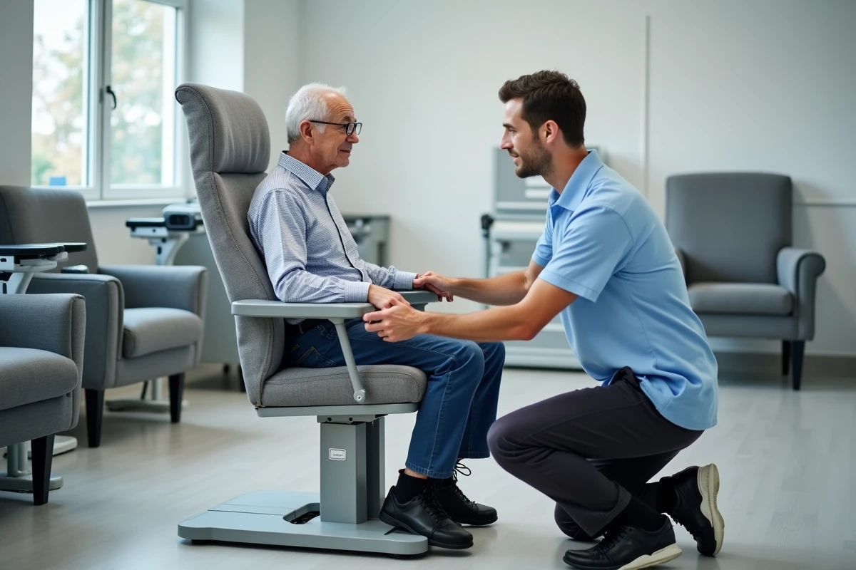 Ergothérapeute présentant un fauteuil releveur à un senior dans un magasin de matériel médical