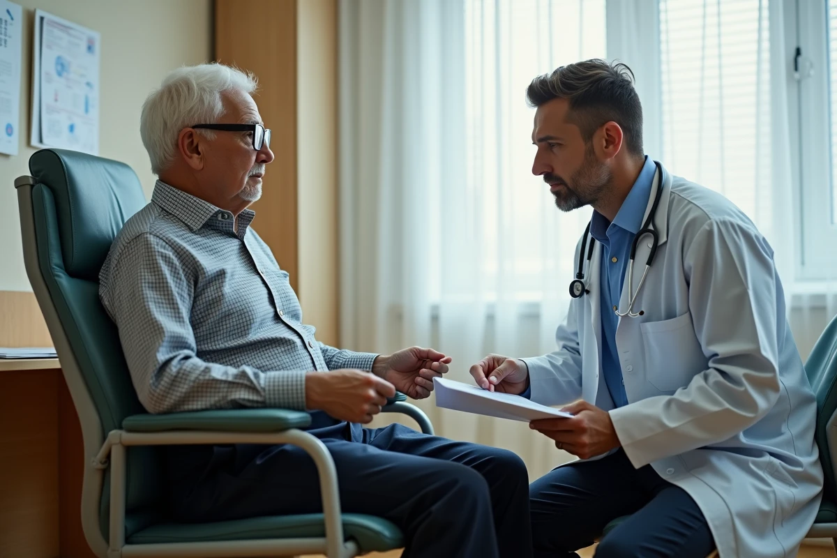 Gériatre évaluant l'équilibre d'un patient âgé assis lors d'une consultation gériatrique