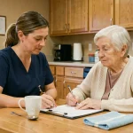 Infirmière gériatrique évaluant les activités instrumentales de la vie quotidienne d'une patiente âgée à l'aide du score IADL en milieu clinique