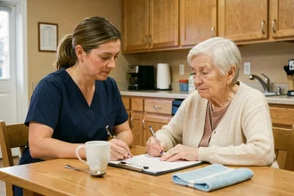 Infirmière gériatrique évaluant les activités instrumentales de la vie quotidienne d'une patiente âgée à l'aide du score IADL en milieu clinique