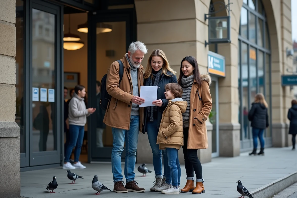 Famille utilisant des chèques vacances Scolinfo pour prendre le train, debout devant une gare
