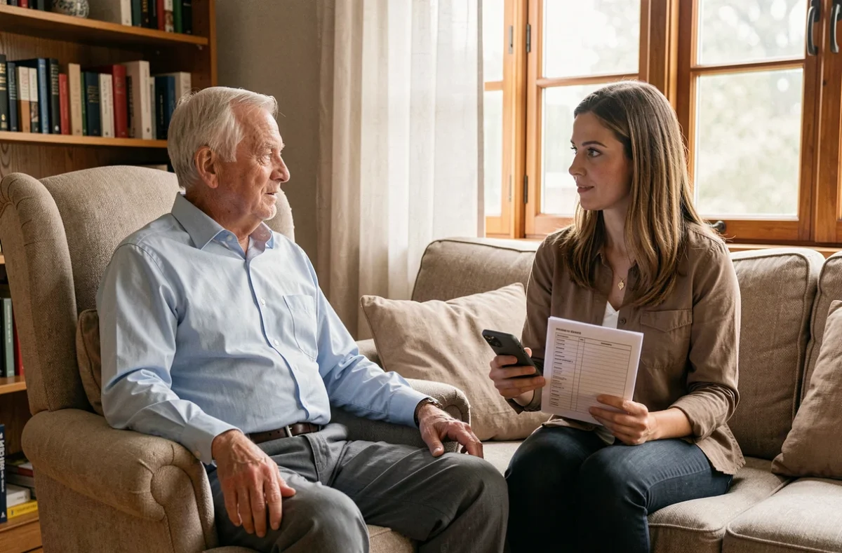 Fille aidante discutant avec son père âgé des démarches administratives pour seniors, tenant un smartphone et une liste dans le salon familial