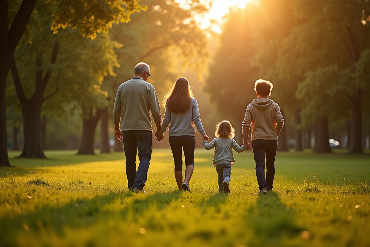 Famille multigeneration marchant dans un parc en fin d