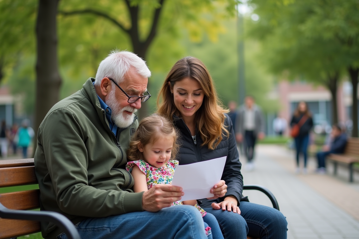 Famille dans un parc urbain partageant un dessin