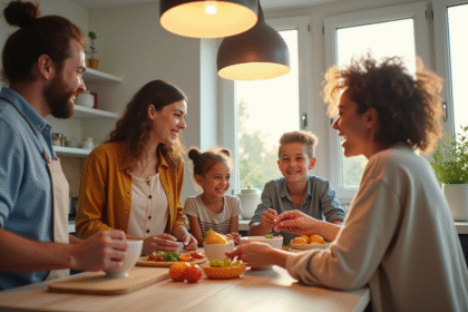 Famille diverse préparant un repas dans la cuisine lumineuse