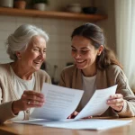 Une famille discute des tarifs Age d'Or Services autour d'une table avec des documents imprimés
