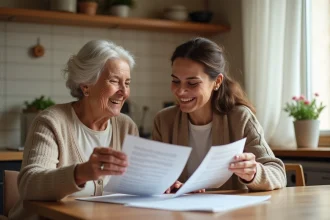 Une famille discute des tarifs Age d'Or Services autour d'une table avec des documents imprimés