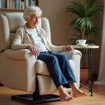 Femme âgée utilisant un fauteuil releveur motorisé pour se lever dans son salon