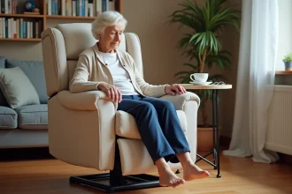Femme âgée utilisant un fauteuil releveur motorisé pour se lever dans son salon