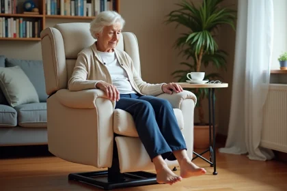 Femme âgée utilisant un fauteuil releveur motorisé pour se lever dans son salon