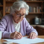 Femme âgée malvoyante résolvant des mots mêlés en grands caractères à la maison