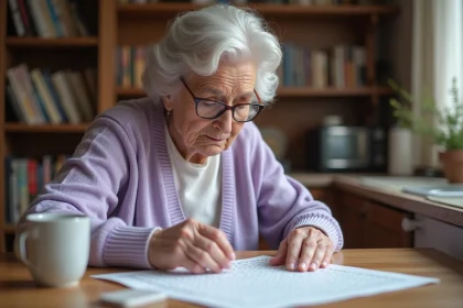 Femme âgée malvoyante résolvant des mots mêlés en grands caractères à la maison