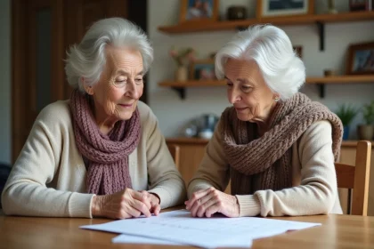 Femme agee avec sa fille lors d une évaluation de soins