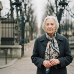 Femme agee parisienne devant un cimetiere