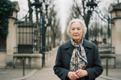 Femme agee parisienne devant un cimetiere