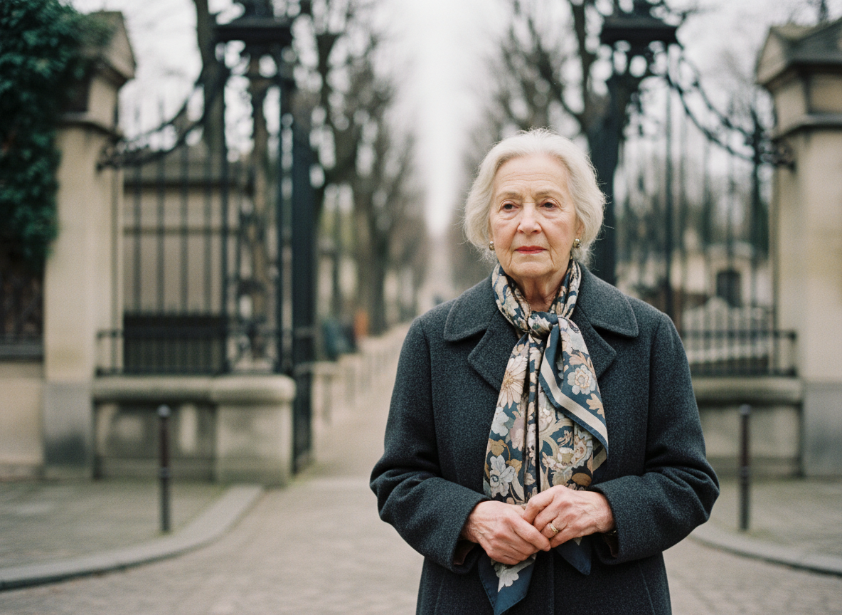 Femme agee parisienne devant un cimetiere