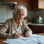 Femme âgée française examine ses papiers financiers