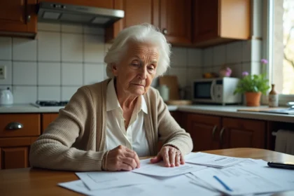 Femme âgée française examine ses papiers financiers