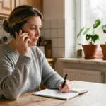 Femme d'âge moyen préparant un appel téléphonique pour un parent âgé, assise à une table en bois avec un carnet de notes
