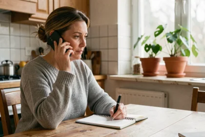 Femme d'âge moyen préparant un appel téléphonique pour un parent âgé, assise à une table en bois avec un carnet de notes