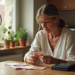 Femme comptant des billets d'euros dans la cuisine