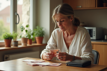 Femme comptant des billets d'euros dans la cuisine