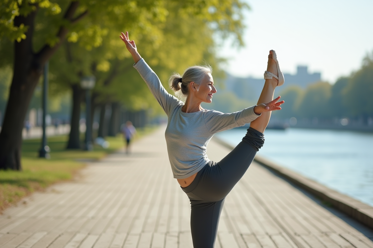 Femme âgée pratiquant le ballet au bord de la rivière