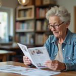Femme d'âge moyen consulte des brochures d'aide à domicile