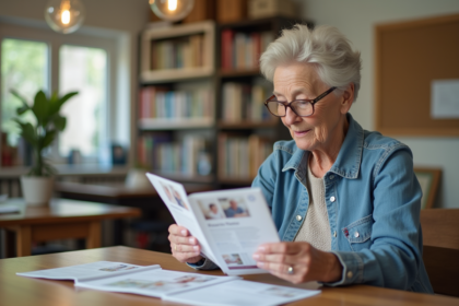 Femme d'âge moyen consulte des brochures d'aide à domicile