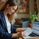 Femme consultant ses chèques vacances Scolinfo pour réserver un transport ou hébergement en ligne