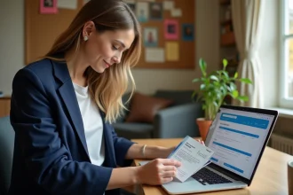 Femme consultant ses chèques vacances Scolinfo pour réserver un transport ou hébergement en ligne