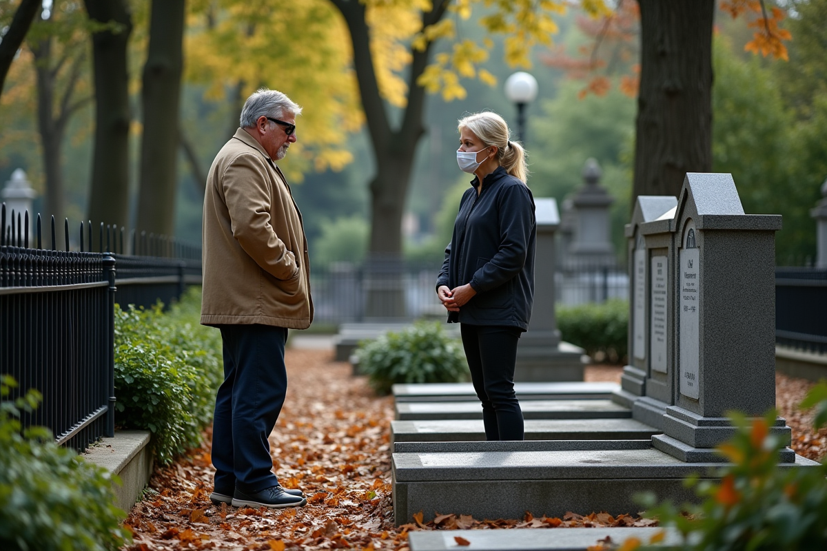 Femme consultante avec un gardien de cimetière près d