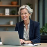 Femme confiante en bureau recherchant emploi sur ordinateur