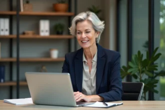 Femme confiante en bureau recherchant emploi sur ordinateur