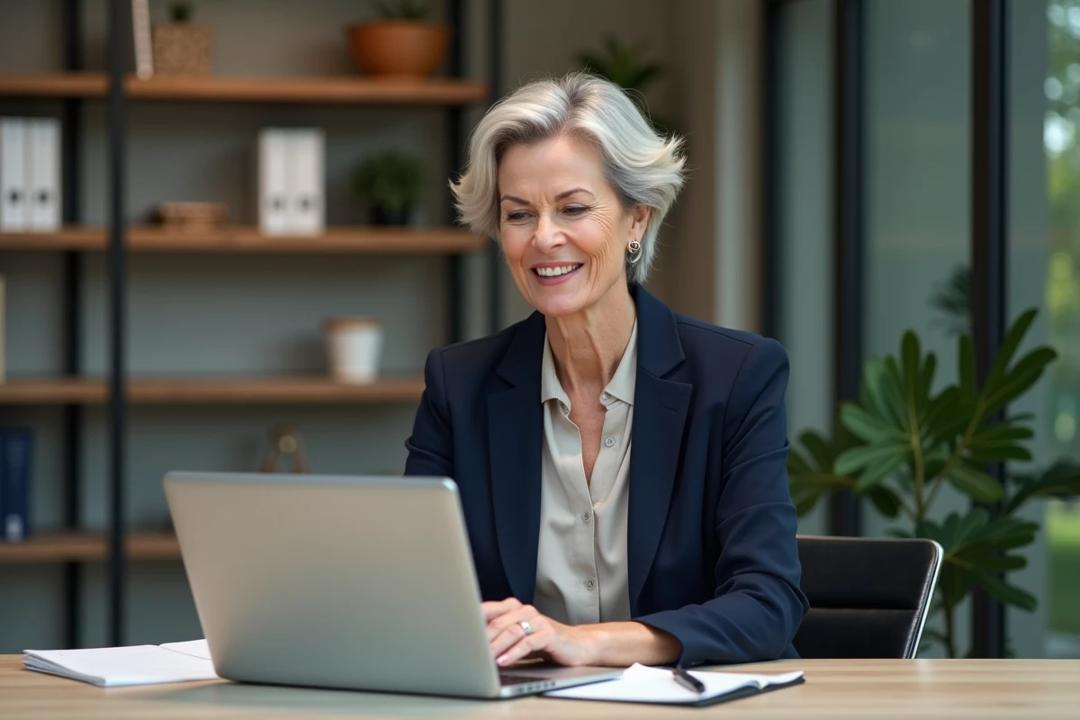 Femme confiante en bureau recherchant emploi sur ordinateur