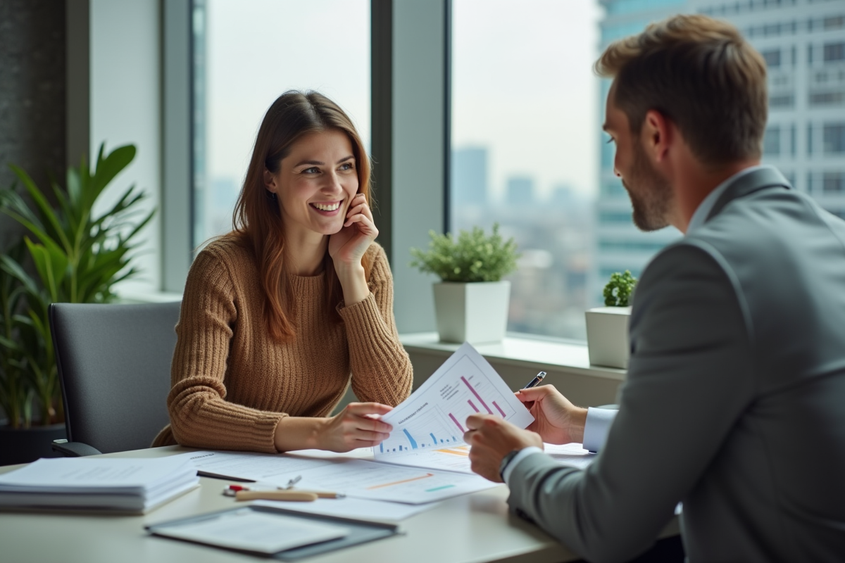 Femme professionnelle consulte un conseiller financier au bureau