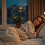 Femme en pyjama se reposant dans un lit moderne et cosy