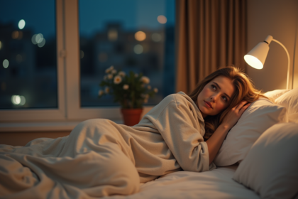 Femme en pyjama se reposant dans un lit moderne et cosy