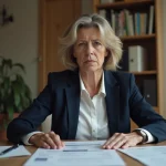 Femme consultant des documents administratifs liés à l'aide au décès de la CPAM à son bureau