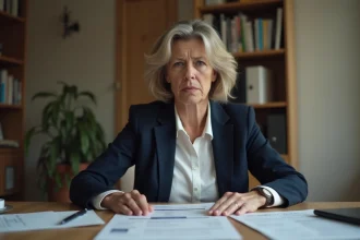 Femme consultant des documents administratifs liés à l'aide au décès de la CPAM à son bureau