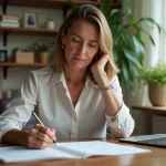 Femme d'âge moyen écrivant une lettre dans un bureau cosy