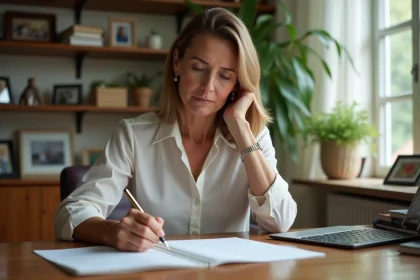 Femme d'âge moyen écrivant une lettre dans un bureau cosy