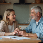 Femme d'âge moyen parlant avec un homme âgé à la cuisine