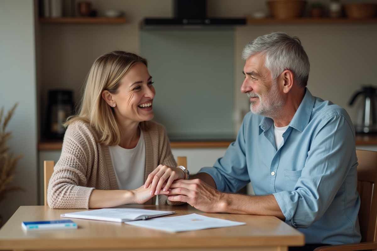 Femme d'âge moyen parlant avec un homme âgé à la cuisine