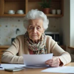 Femme âgée préoccupée lisant des papiers dans la cuisine