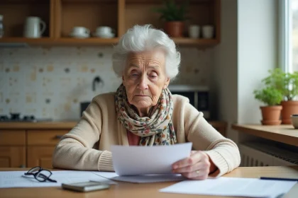 Femme âgée préoccupée lisant des papiers dans la cuisine