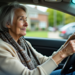Femme âgée regardant par la fenêtre de sa voiture