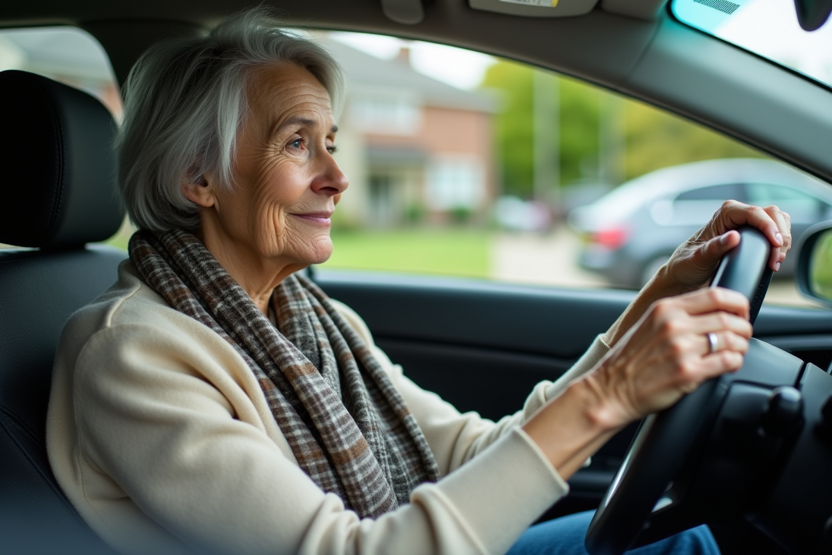 Femme âgée regardant par la fenêtre de sa voiture